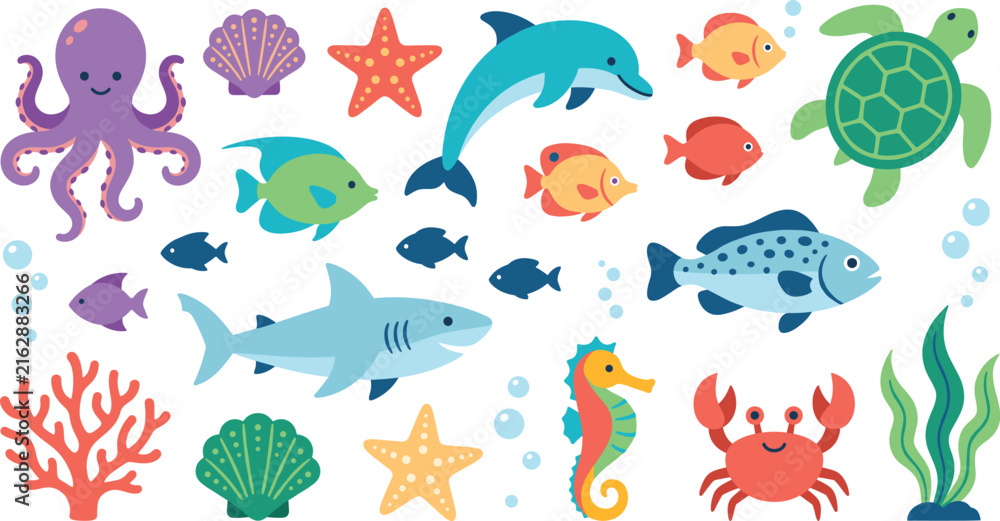 Fototapeta premium Colorful marine life stickers with cute dolphin and sea animals.