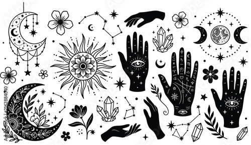 Bild auf Leinwand Mystical celestial witchy icons set with moon sun hands palmistry crystals and c