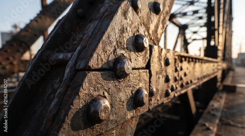 Rusty iron rivets on old industrial railway bridge at golden hour