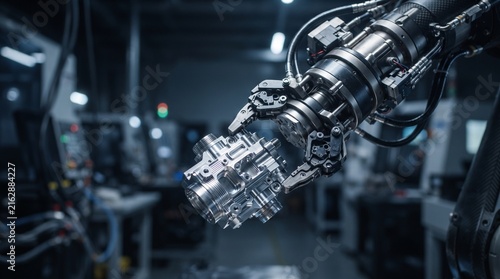 Industrial robotic arm holding precision l part in factory plant