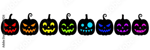 Colorful neon halloween jack o lantern silhouettes row set with scary face expressions illustration isolated PNG with Transparent Background