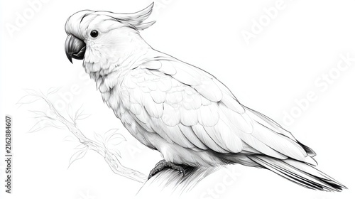 Detailed Illustration of a White Cockatoo on a Branch
