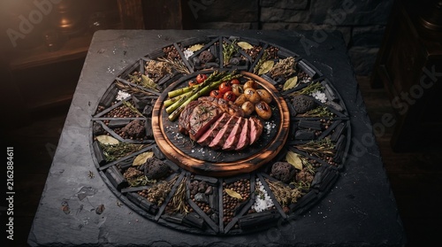 Grilled ribeye steak with asparagus and tomatoes on rustic stone