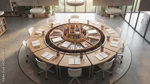 Circular shared desk for designers with art supplies in modern office