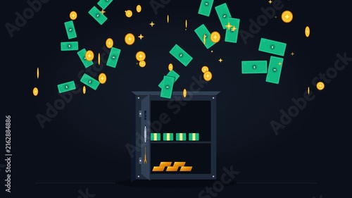 Open Bank Safe Vault with Falling Dollar Bills and Gold Coins Wealth Flat Animation