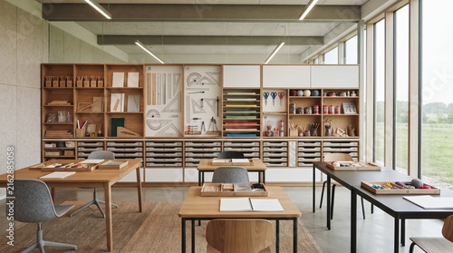 Modern creative art studio with organized storage and work tables