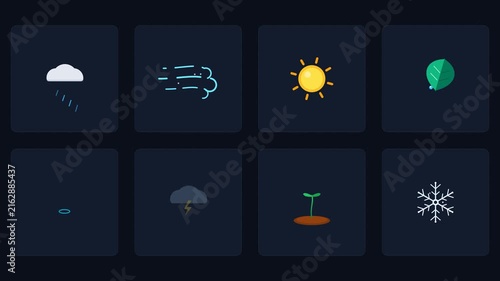 Weather Animated Icons Set Rain Wind Sun Lightning Snow Flat Vector Loop