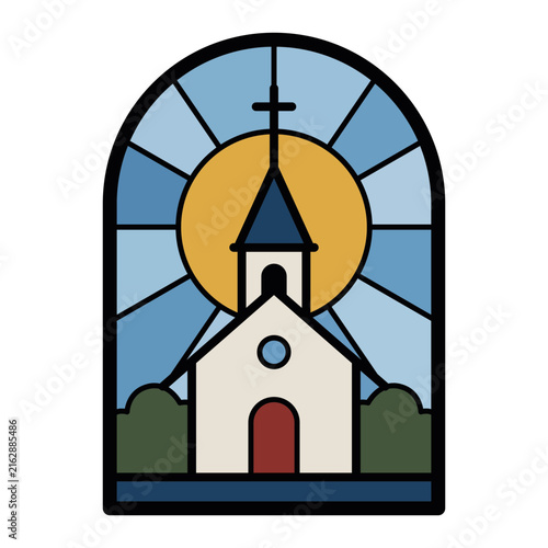A Beautiful Stained Glass Window Depicting a Church Silhouette Against a Radiant Sun, Creating a Serene and Spiritual Atmosphere of Tranquility.
