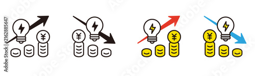 電気料金のアイコン。電球とグラフのイラスト。電気代の値上げ、値下げ。節電や生活費。Electricity rate icons.
