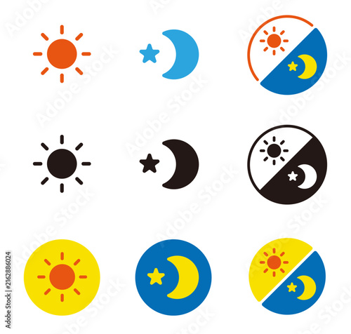 時間帯のアイコン。朝から夜まで。1日を表すイラスト。Time-of-day icons.
