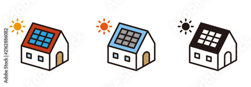 Fototapeta ソーラーパネルのアイコン。住宅と太陽光パネル。家と自家発電。Solar panel icons.