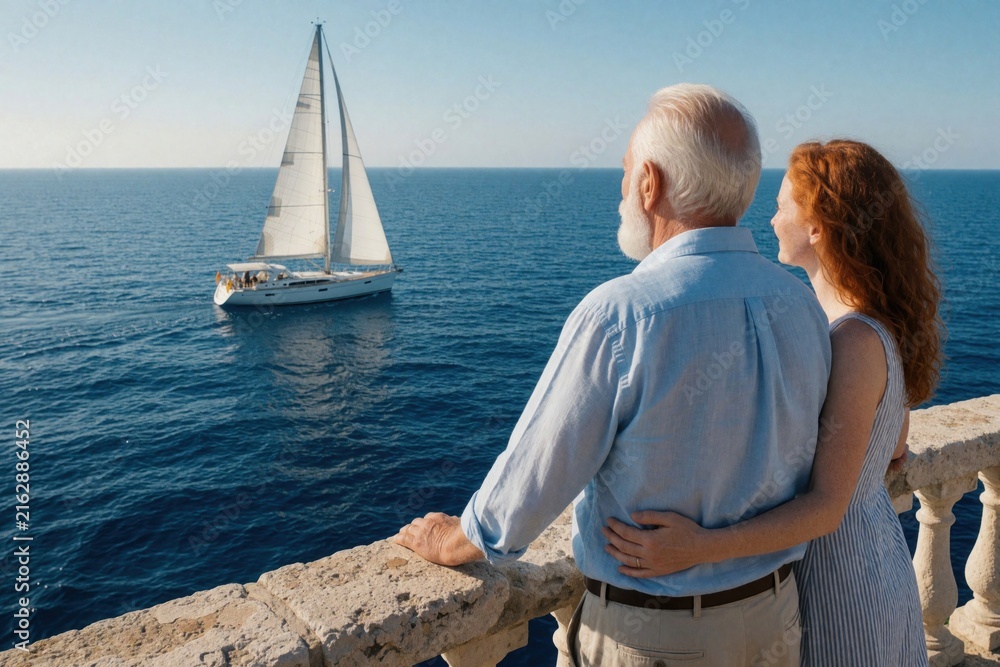 Fototapeta premium Elderly man with woman watch sailboat at sea from balcony. Couple enjoy calm blue ocean water view, distant yacht sailing on sunny day. Peaceful togetherness and leisure.