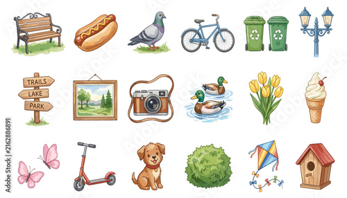 Watercolor City Park Icon Set – Bench, Wildlife, Recreation & Nature Elements