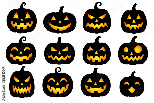 Glowing jack o lantern pumpkin silhouettes set with carved scary and happy faces illustration isolated PNG with Transparent Background
