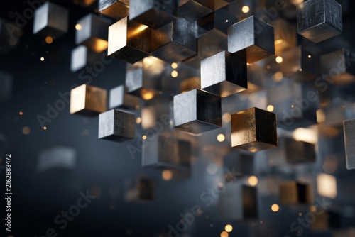 Abstract geometric structure made of floating metallic cubes in a dark space, showcasing modern design and artistic innovation
