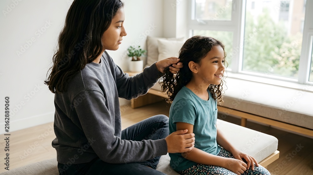 Fototapeta premium Mother, daughter and hair styling in living room with care, grooming and morning routine together. Sister, children and bonding in home with wellness, beauty and support for healthy family growth