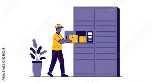 Delivery Courier Putting Boxes into Automated Parcel Locker, Vector Illustration of Modern E-commerce Shipping and Logistics Service