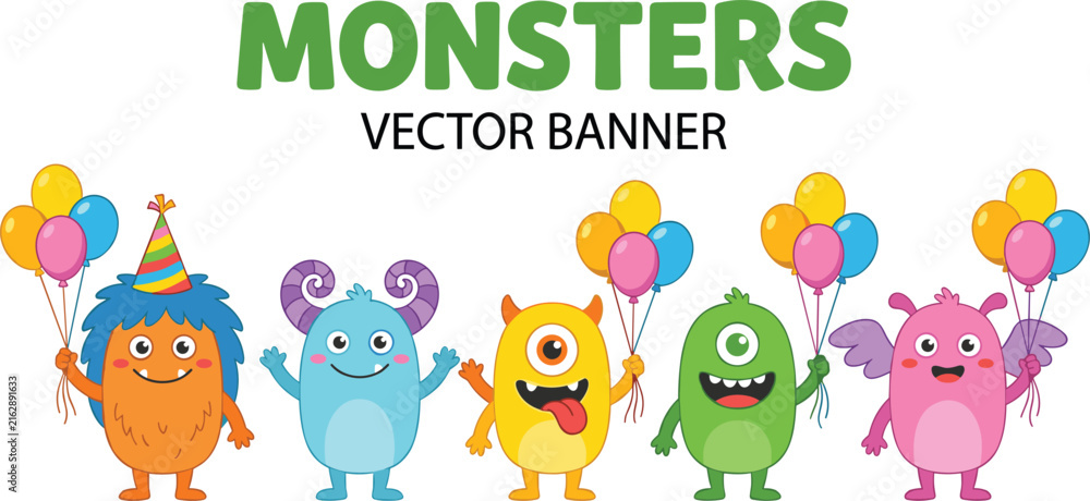 Fototapeta premium Cute Little Monsters Cartoon Character Vector Banner with Colorful Birthday Balloons for Kids Party Invitations and Children Holiday Celebration Designs