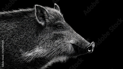 Detailed Portrait of Wild Boar Against Black Background