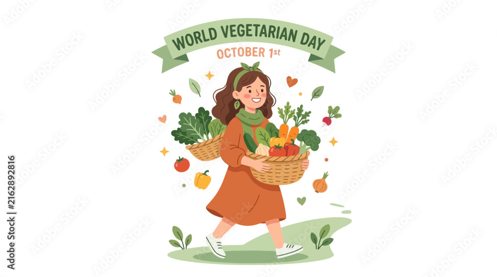 Fototapeta premium Vector illustration of a happy woman carrying a basket of fresh vegetables celebrating World Vegetarian Day, ideal for banners, posters, and health campaigns.