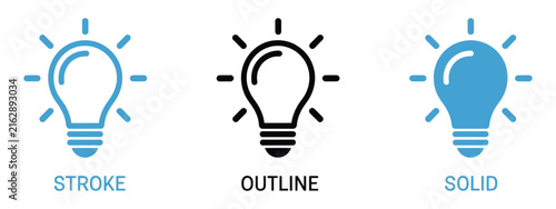 Light Bulb Icon set, editable stroke, outline and solid vector styles, idea, energy, innovation, creativity, inspiration, concept symbol.