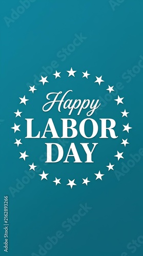 Happy Labor Day text inside a circular star wreath on a teal background.