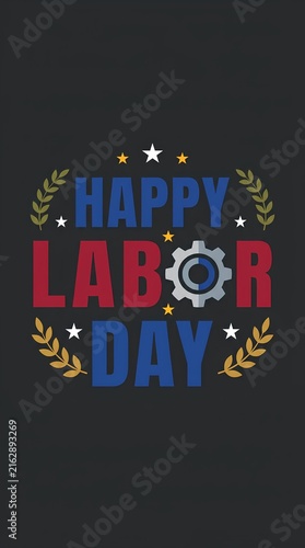 Happy Labor Day graphic with gear icon and laurel wreath.