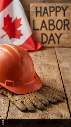 Labor Day Canada concept with hard hat, gloves, and Canadian flag on wood.