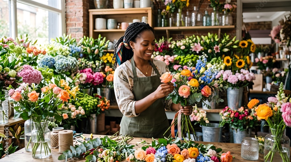 Fototapeta premium Smiling african american woman florist arranging a fresh flower bouquet inside her blooming flower shop surrounded by colorful plants