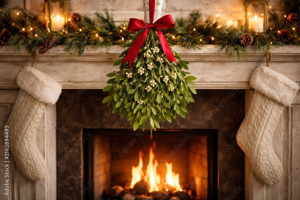 Naklejka premium Cozy festive fireplace with decorations.