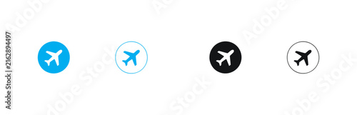 Airplane Icons Circular Button  Set in Blue and Black Solid and Outline Styles for Flight Booking, Travel Apps, Airport Signage, and Web UI Design .