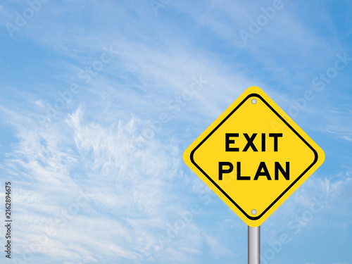 Konstfotografi Yellow transportation sign with word exit plan on blue color sky background