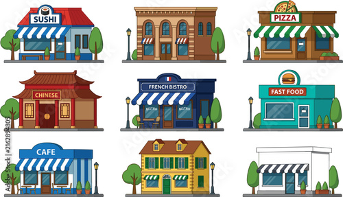 Flat Restaurant and Cafe Storefront Building Vector Icon Set for Food Delivery Apps, Local Business Maps, and Urban Architecture Designs