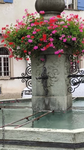 Historic stone fountain decorated with blooming flowers in European town