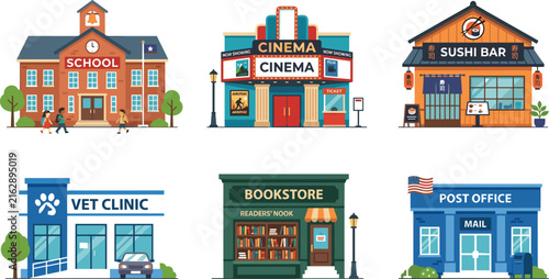 Flat Vector City Buildings Set Featuring School Cinema Sushi Bar Vet Clinic Bookstore and Post Office Facades for Urban Map Graphic Design