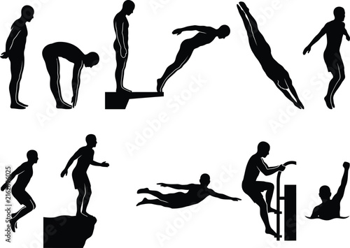 Set of silhouettes of a man swimming and diving