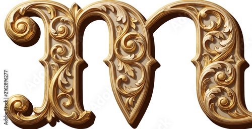 Ornate gilded letter M  classic baroque style with intricate scrollwork  decorative capital for luxury branding or titles. Vintage alphabet element.