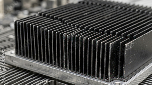 Close up of a black metal heatsink with many fins for cooling electronics.
