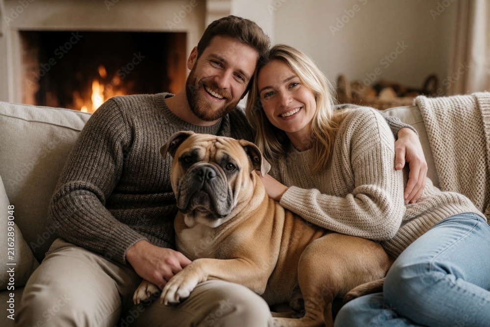 Naklejka premium Caucasian couple in 20s enjoy home comfort with dog. Cozy interior, fireplace warmth. Happy expressions, contented looks. Close bond, companionship evident. Leisurely setting, relaxed postures.