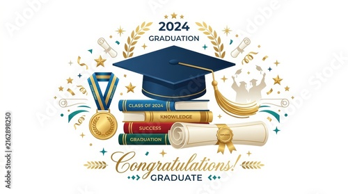 2024 Graduation celebration design, blue mortarboard cap with gold medal and diploma, academic success concept on white background