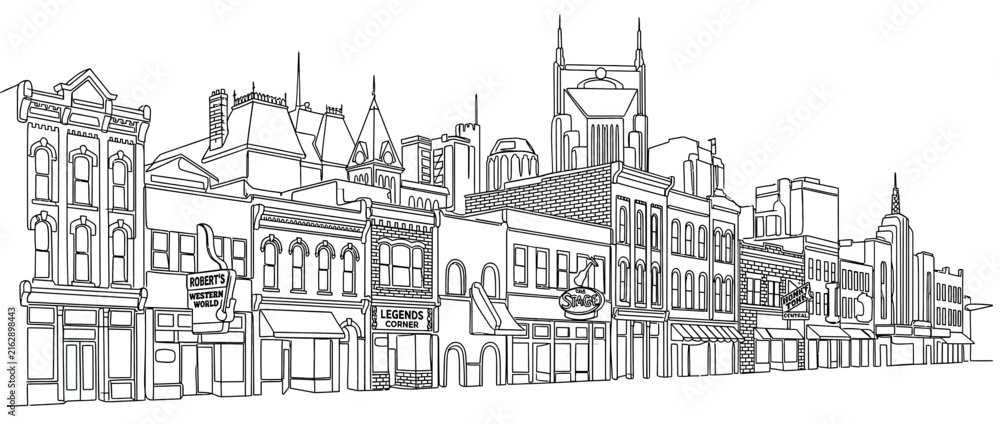 Obraz premium Line Art Cityscape with Historic Buildings and Modern Structures