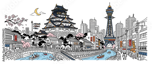 Japanese Castle and Tower Cityscape Illustration