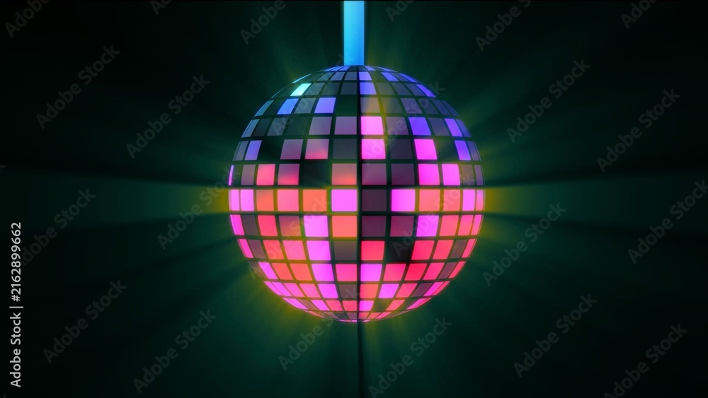 Obraz premium Shiny disco ball with glowing pink and purple square mirrors reflecting bright light in a dark club setting
