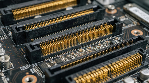 Close up of computer motherboard slots for expansion cards.