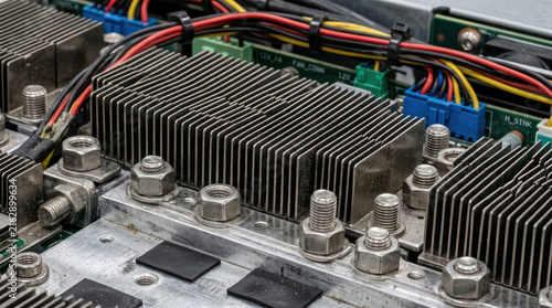 Close up of computer motherboard with heatsinks and wires.