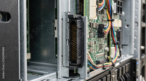 Close up of computer server rack internal components and wiring.