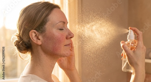 Woman spraying refreshing facial mist on flushed sensitive skin in golden hour backlight