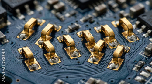 Close up of golden electronic components on a blue circuit board.