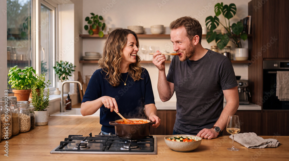 Fototapeta premium Couple cooking together in a modern kitchen