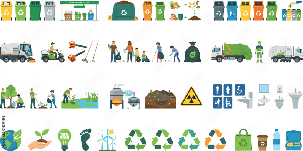 Naklejka premium Comprehensive Recycling and Waste Management Icons Collection for Environmental Sustainability and Eco Conservation